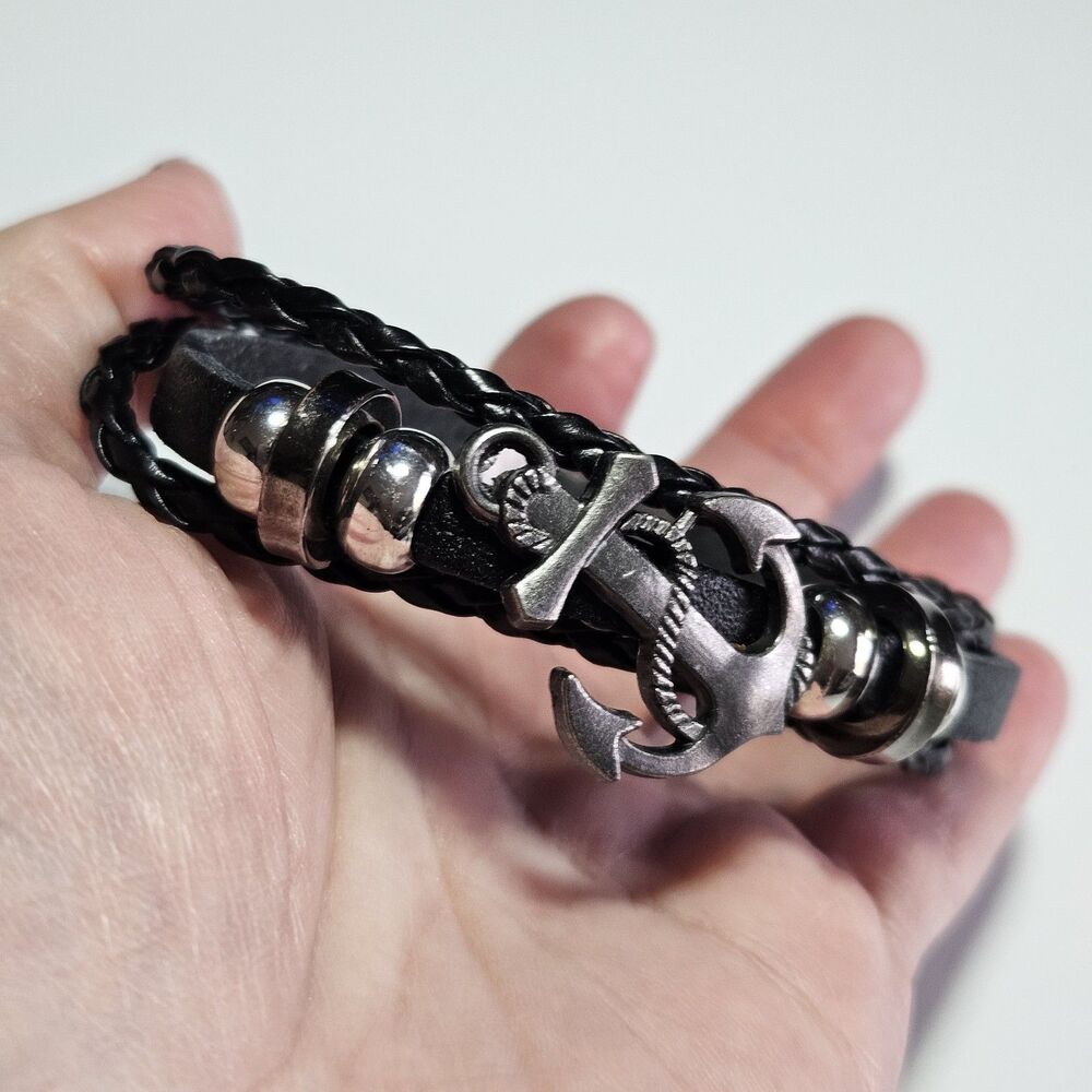 Mens Sailor Beach Nautical Anchor Bracelet Leather Wristband Men's Black 8"